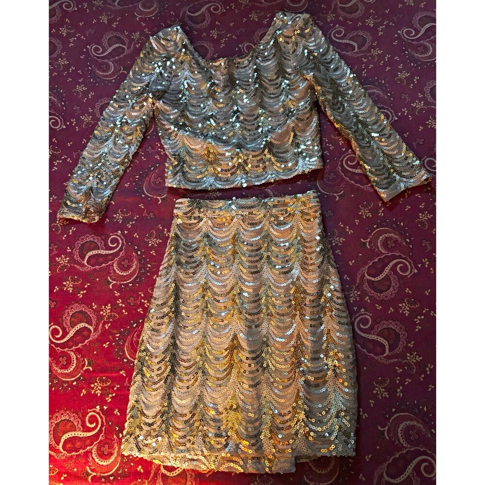 Crystal Doll 2 Piece Sequin Crop Top Mini Skirt S Taupe Champagne